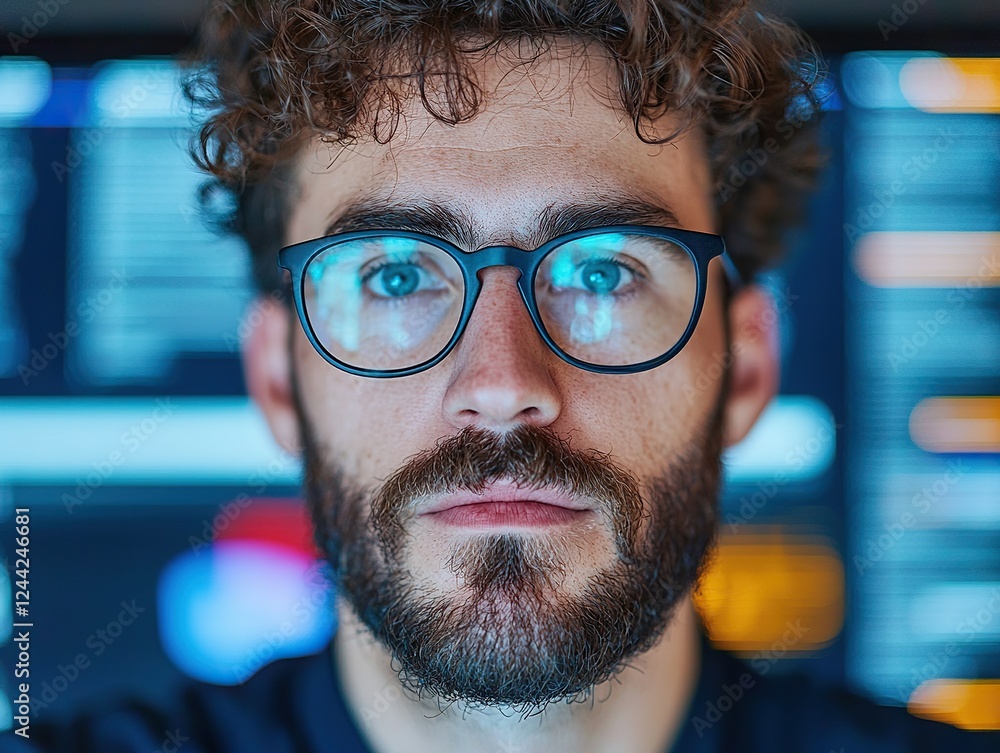 Poster tech enthusiast analyzing data on computer screens modern office portrait indoor innovation