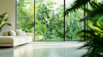 Bright airy living space with lush greenery outside panoramic windows