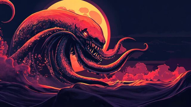 Octopus Sea Monster Illustration with Tentacles and Floral Pattern in Vintage Style