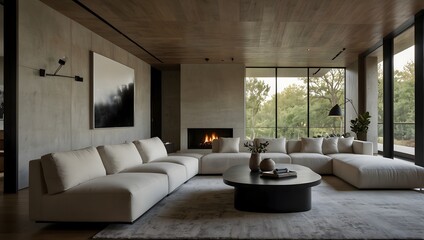 Modern living room with neutral color palette, large modular sofa, and minimalist decor emphasizing natural light