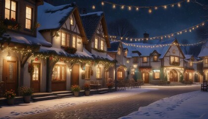 Obraz premium Snowy village square with festive lights and Christmas decorations, christmas decorations, festive ambiance, snowy village