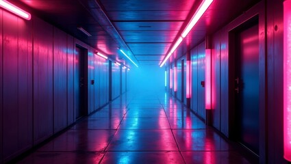 A futuristic neon hallway with glowing cyberpunk textures, pulsating holographic lights reflecting off the metal walls. The space has a high-tech, sci-fi feel with deep blue and purple tones.