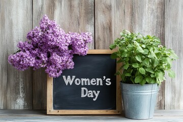 Women's day celebration with lilac flowers and potted plant on rustic wooden background