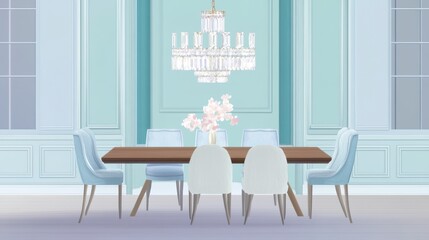 A Delicate Dining Room with a Crystal Chandelier and Soft Pastel Colors