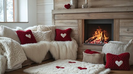 Cozy Valentine's living room setup with a roaring fireplace fluffy throws and love themed cushions styled for comfort and warmth
