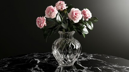 Stunning Pink Roses in a Crystal Vase on a Dark Marble Table - A Captivating Floral Still Life