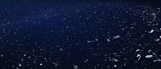 Space debris field around blue marble background, planetary defense, space junk