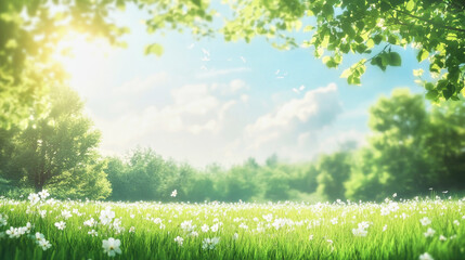 Obraz premium Vibrant spring meadow under bright sky with gentle clouds and lush greenery