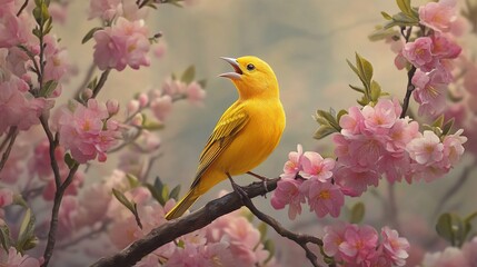 Yellow bird singing spring blossoms garden nature art