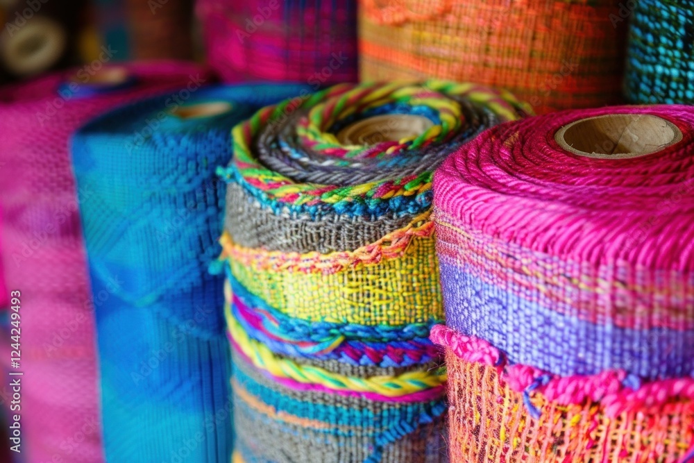 Poster rolls of colorful, artisanal fabrics are displayed, showcasing a vibrant array of textures and color