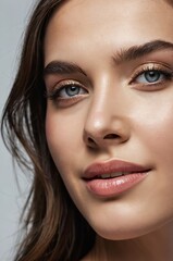 Close-up portrait of a woman with striking features and luminous skin, showcasing natural beauty and elegance