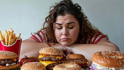 This Person appears contemplative with fast food meals resting on the table, showcasing excess weight.
