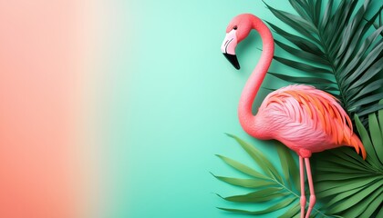 Fototapeta premium Stylish Summer Composition Featuring Pink Flamingo On Light Background. Creative Art With Contemporary Design And Ample Writing Space Available.