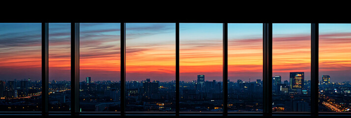 Fototapeta premium Urban skyline view at sunset framed by office windows with contemporary architecture