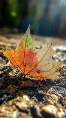 Falling autumn leaves capture forest floor nature sunlit environment close-up view seasonal change