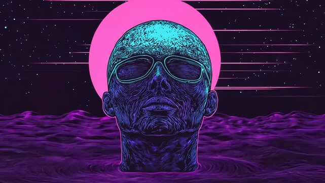 Neon Synthwave Horror Illustration of Skull Face Mask with Evil Expression