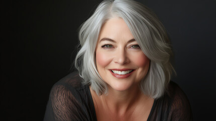 Naklejka premium Elegant Portrait of a Mature Woman with Long Grey Hair, Radiant Senior Lady with Graceful Features and Silver Hair,Timeless Beauty: Expressive Headshot of mature Woman in Her 50s 