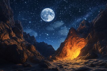 A rocky mountain pass glowing under a bright moon, with constellations scattered across the sky.