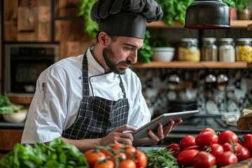 Professional chef utilizing a tablet to purchase fresh produce for his kitchen.