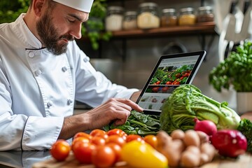 Professional Chef Utilizing a Tablet for Fresh Grocery Orders for the Kitchen