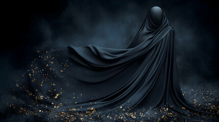 Dark figure in flowing cloak, gold dust, mystery