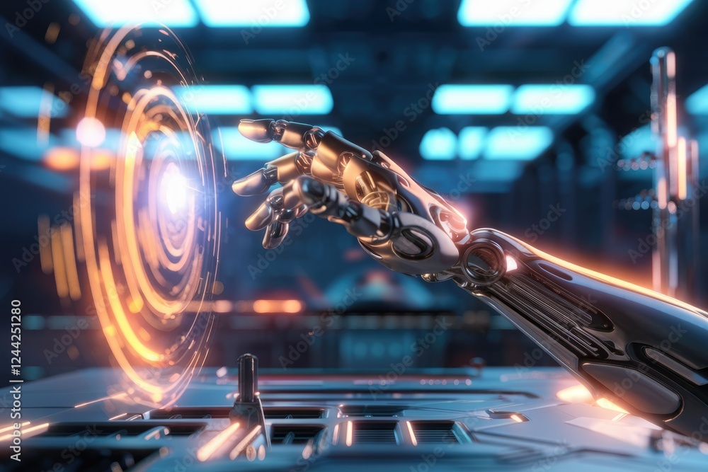 Aufkleber A robotic arm interacts with a futuristic holographic interface, showcasing advanced technology and artificial intelligence.