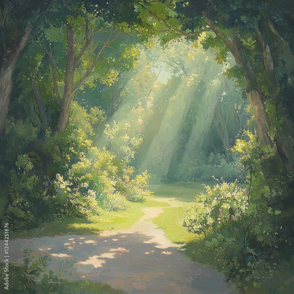 Poster sunlight filtering through lush greenery serene forest path nature scene tranquil environment wide a