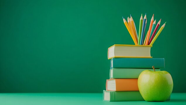 Stacked books with colorful pencils and a green apple on a solid background in a study or classroom setting