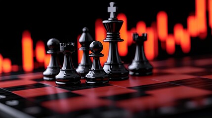 Chess pieces on board with red financial graph background