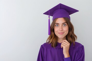 Close-up portrait of young woman in purple graduation gown, mortarboard with tassel, celebratory expression, isolated on white, academic milestone achievement, modern education theme

