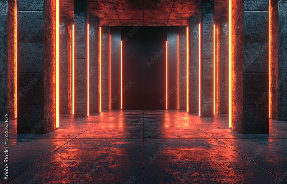 Poster futuristic corridor with glowing red neon lights reflecting off industrial textured walls and floors