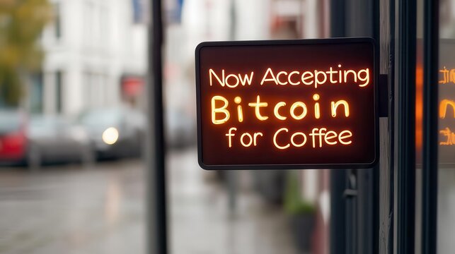 A neon sign in a coffee shop window reading Now Accepting Bitcoin for Coffee