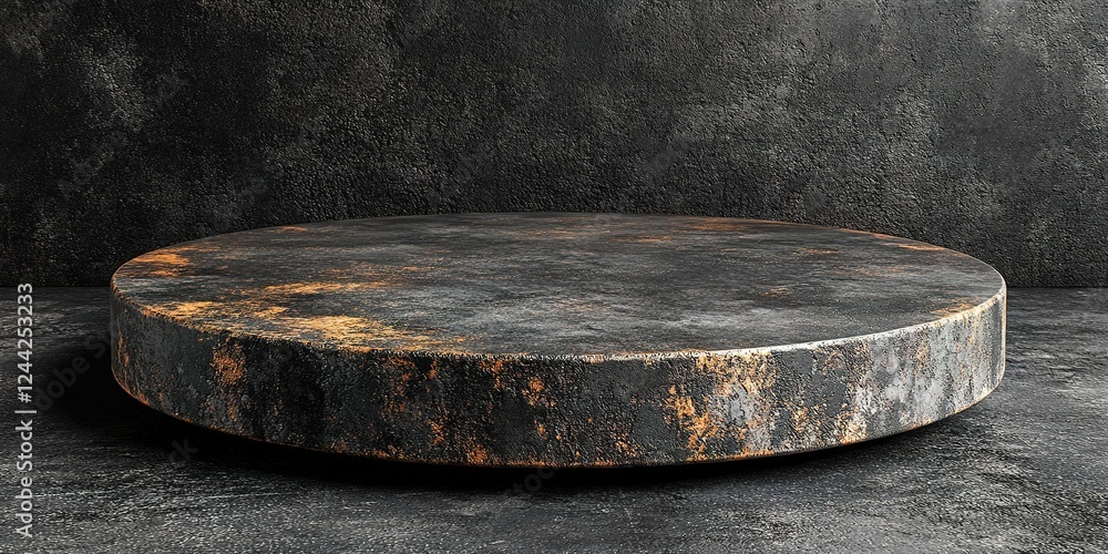Poster circular stone platform with textured surface against a dark background for artistic displays and pr