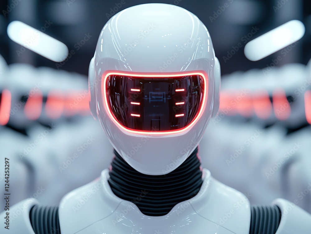 Poster futuristic robot display high-tech laboratory digital art modern environment close-up view innovatio