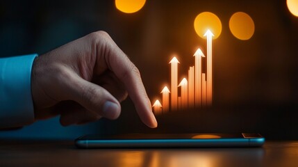 Male hand touching smartphone with digital growth chart in warm light