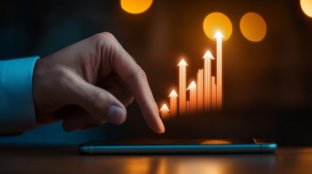 Male hand touching smartphone with digital growth chart in warm light