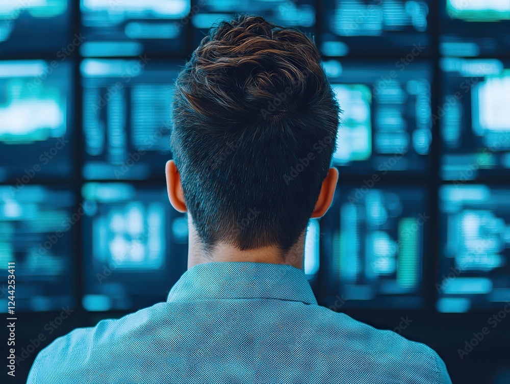 Poster monitoring technology data control room digital display business environment rear view analytical in