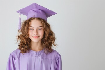 Young graduate in lavender cap and gown, curly hairstyle, light gray background, minimalistic studio shot, academic milestone celebration, cheerful and confident student photography.

