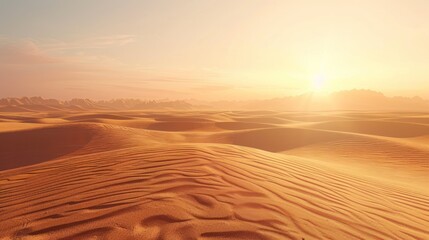 Naklejka premium Gentle rolling dunes stretch endlessly under a warm, diffused glow as the sun rises in the peaceful desert