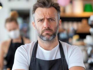 Fototapeta premium A barista looking exhausted while serving customers, showcasing the impact of labor shortages in the coffee industry.