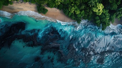 Oil petroleum pollution on water surface background, ecology problem in ocean or seas