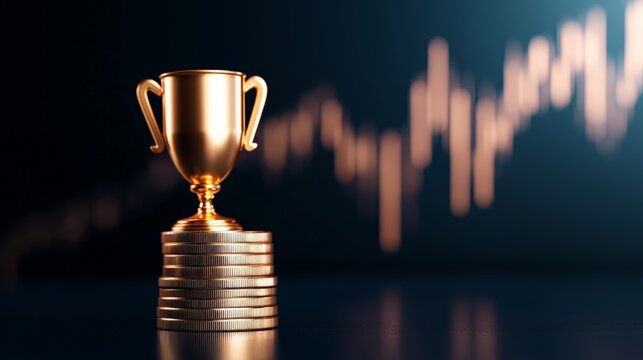 Golden trophy on stacked coins with blurred graph background symbolizing success and achievement