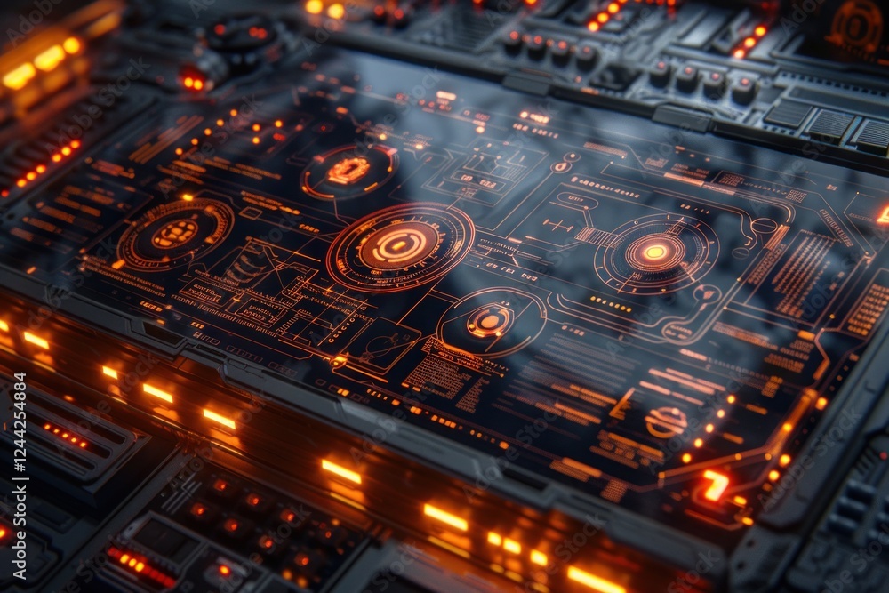 Poster a sleek glass panel shows holographic blueprints with codes, illuminated by soft ambient lighting in