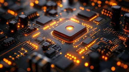 A close-up view of a circuit board illuminated with orange lights, showcasing electronic components.