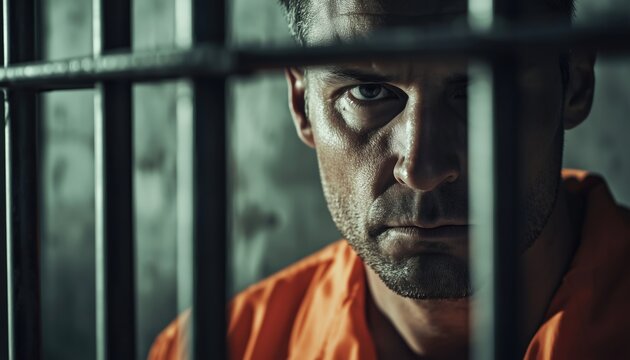 Lonely Criminal Behind Bars: Man In Orange Jumpsuit Gazes Up From Prison Cell, A Male Prisoner In Despair.