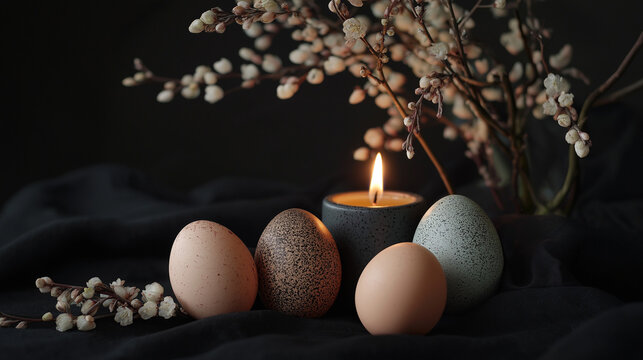 Easter dramatic still life composition with dark backgrounds, featuring glowing candles and richly colored eggs,