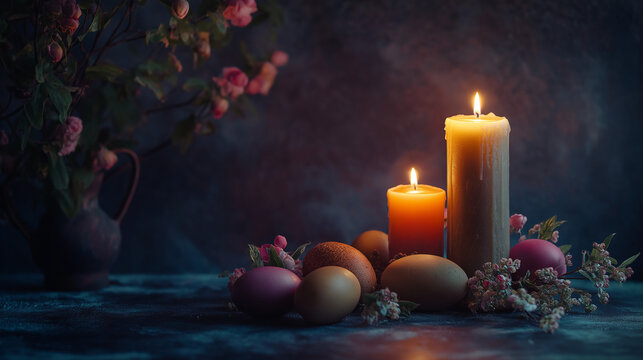 Easter dramatic still life composition with dark backgrounds richly colored eggs 
