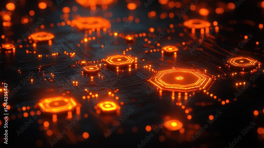 Aufkleber abstract close-up of glowing orange circuitry on a dark surface, showcasing intricate patterns and c
