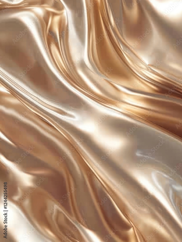 Poster smooth undulating gold foil ripples reflect soft light, creating a surreal, elegant atmosphere with 
