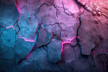 Fototapeta premium A surreal concrete wall with glowing cyan and magenta cracks shows an electric pattern in dim light